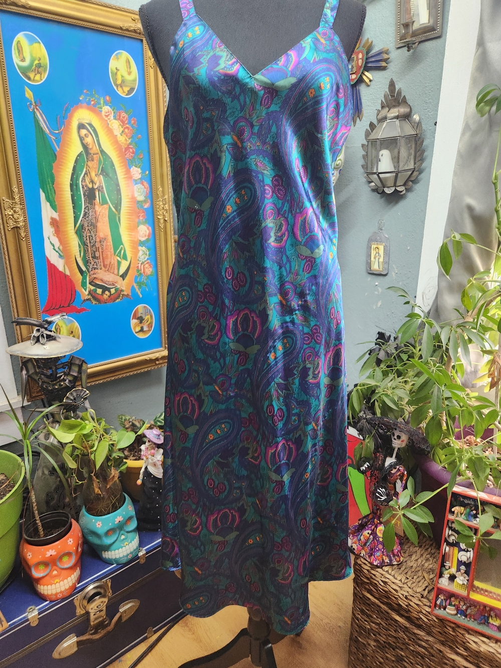 Vintage Silky Teal & Purple Paisley Maxi Slip Dress